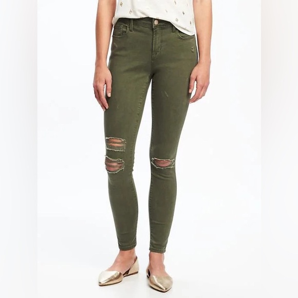 Olive Green Distressed Women's Jeans - Picture 2 of 5